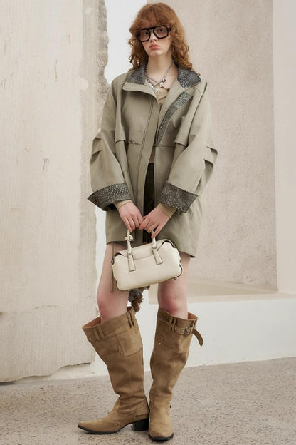 Contrast Windproof Drawstring Midi Trench Coat