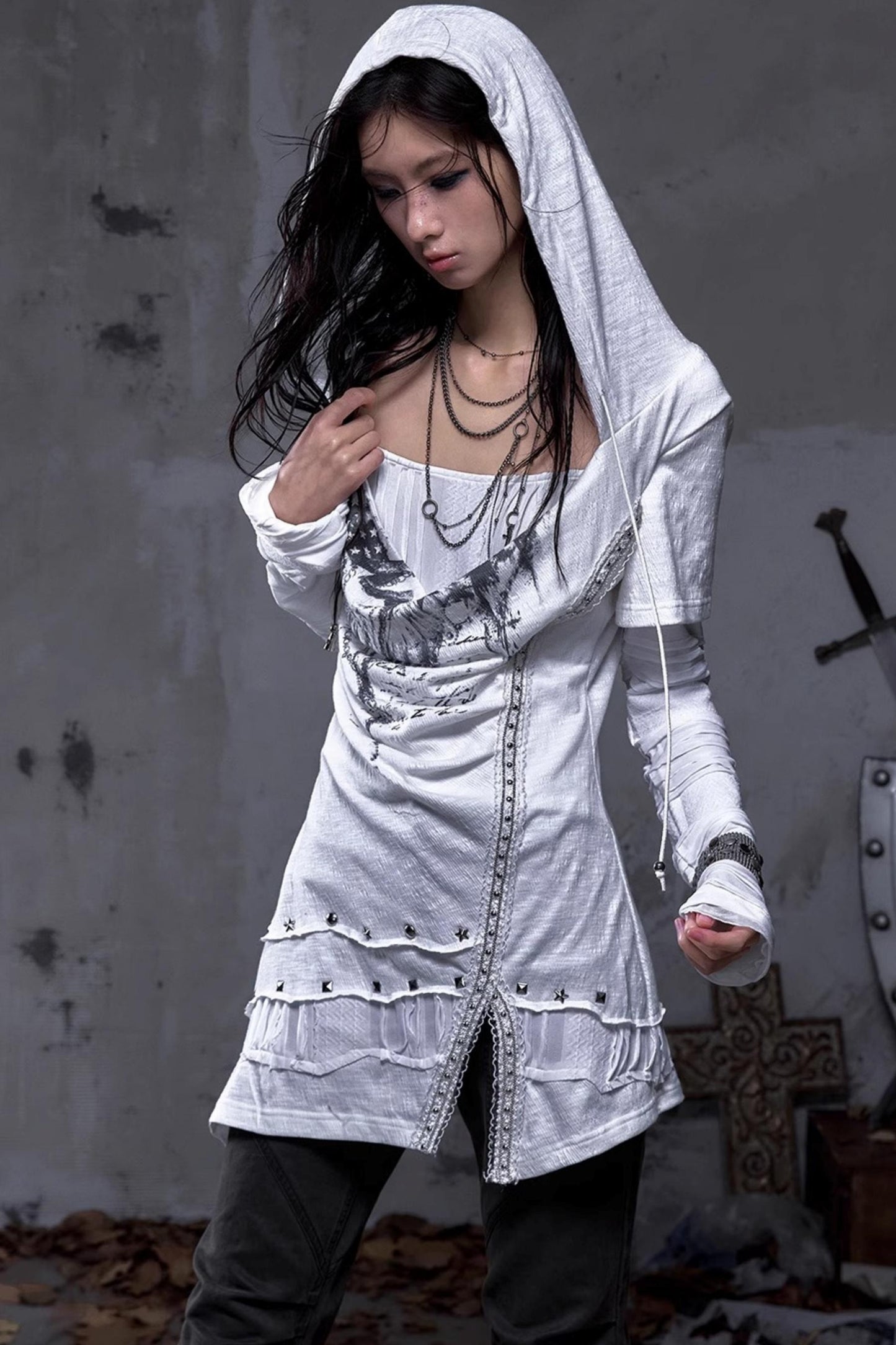 Rock Swing Collar Print Long Sleeve Dress