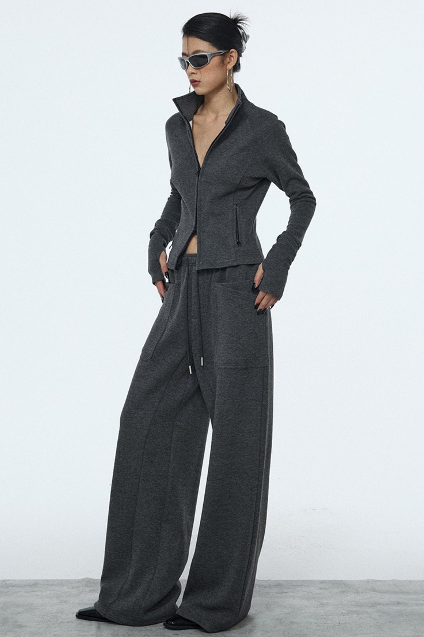 Gray Zipper Slim-Fit Top & Pants Set-Up