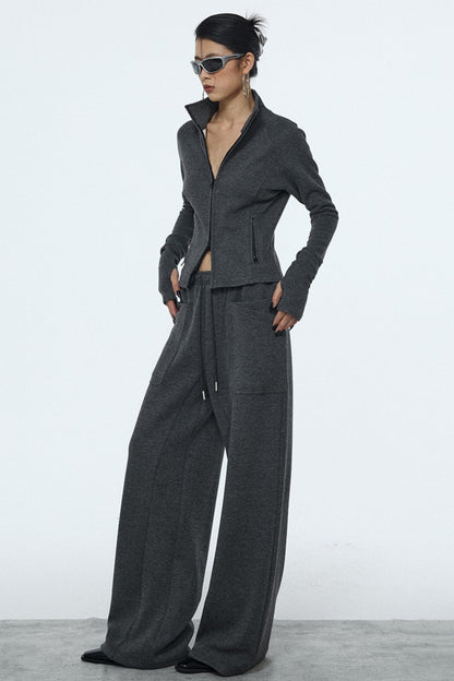 Gray Zipper Slim-Fit Top & Pants Set-Up