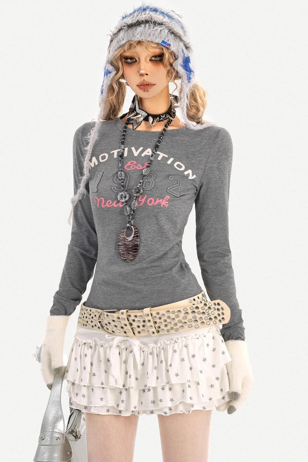 Retro Gray Letter Print Top