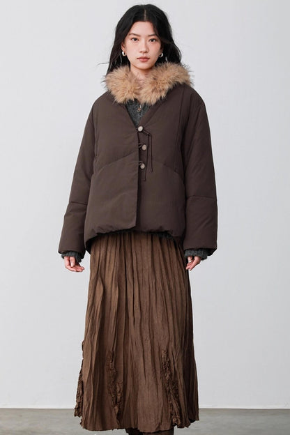 Fog Gray Fur Collar Hooded Jacket