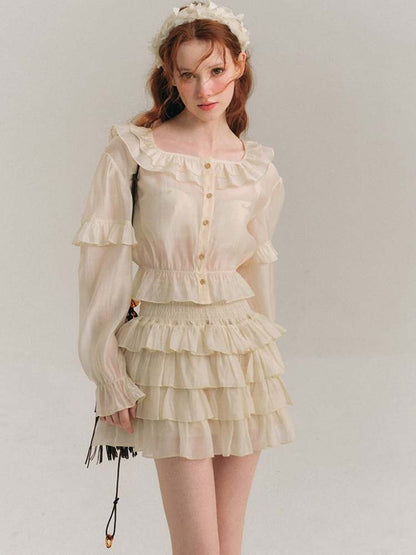 Ruffle Collar Shirt & Cake Mini Skirt