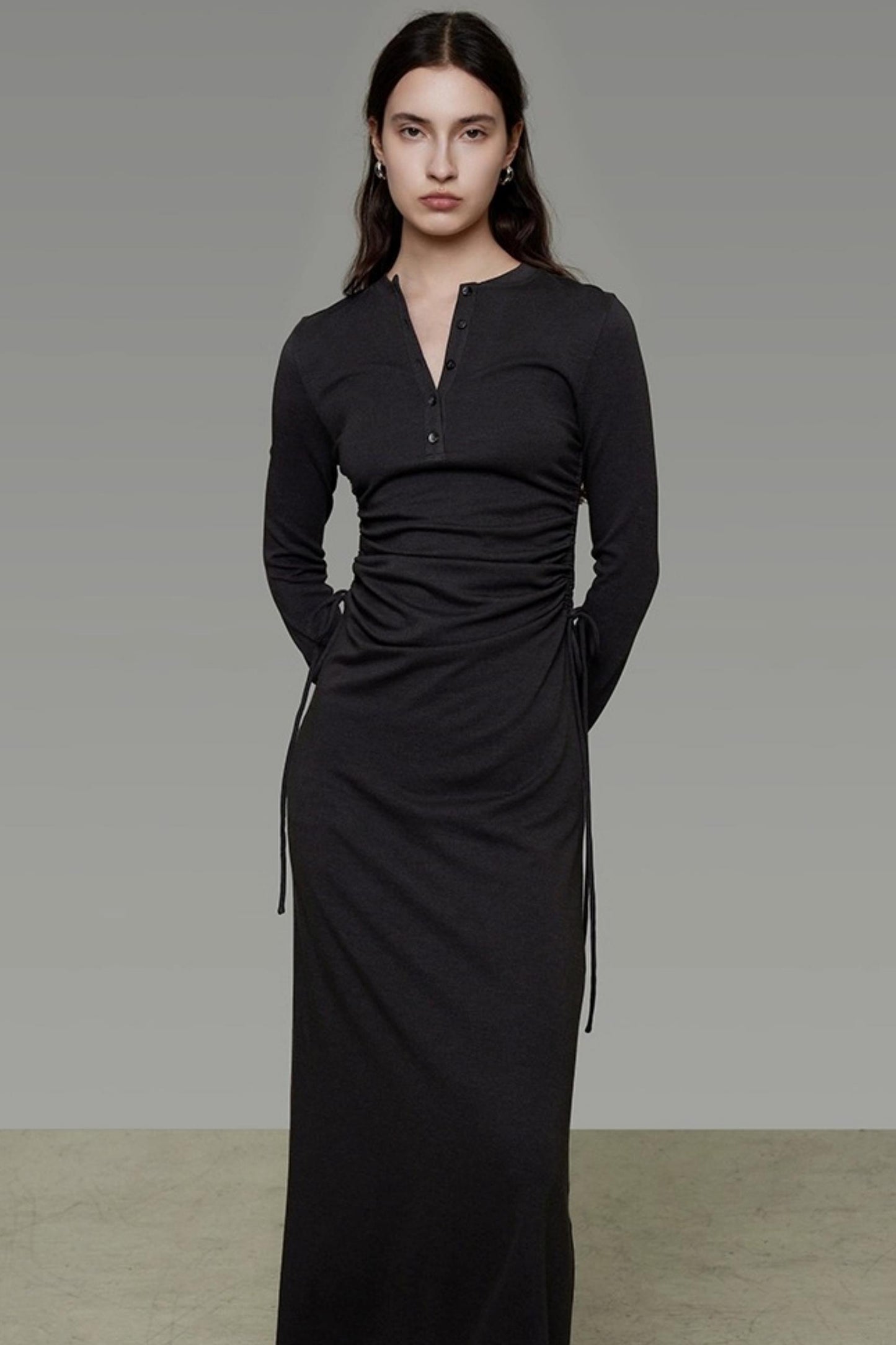 Pleated Long-Sleeve Dress