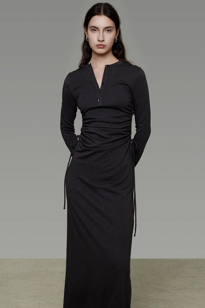 Pleated Long-Sleeve Dress