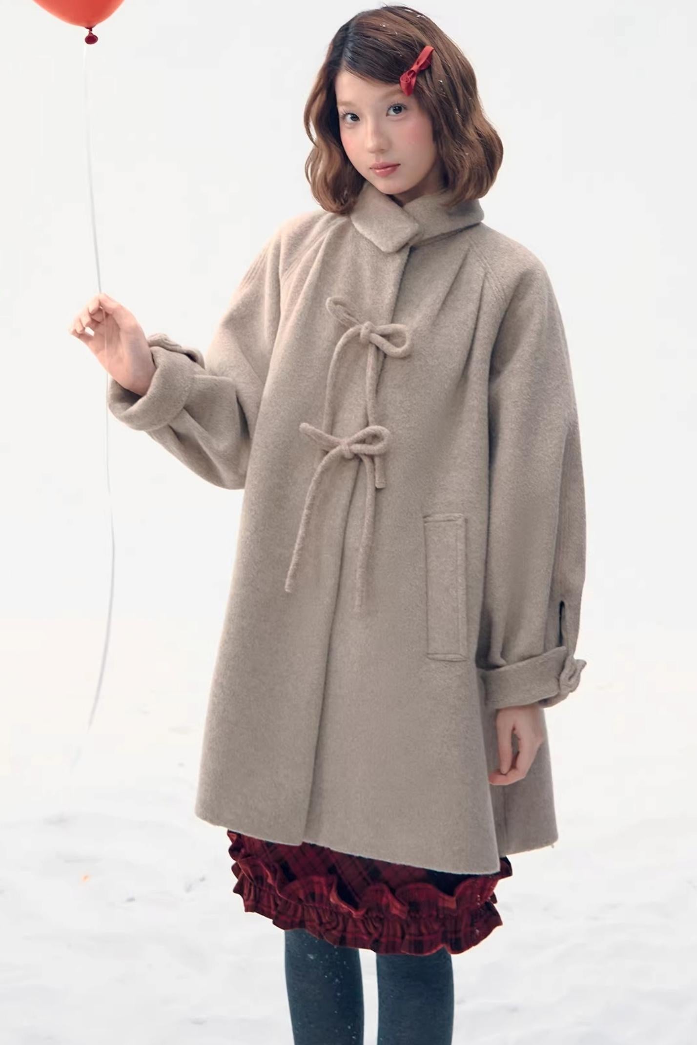 Retro Oatmeal Woolen Bow Coat