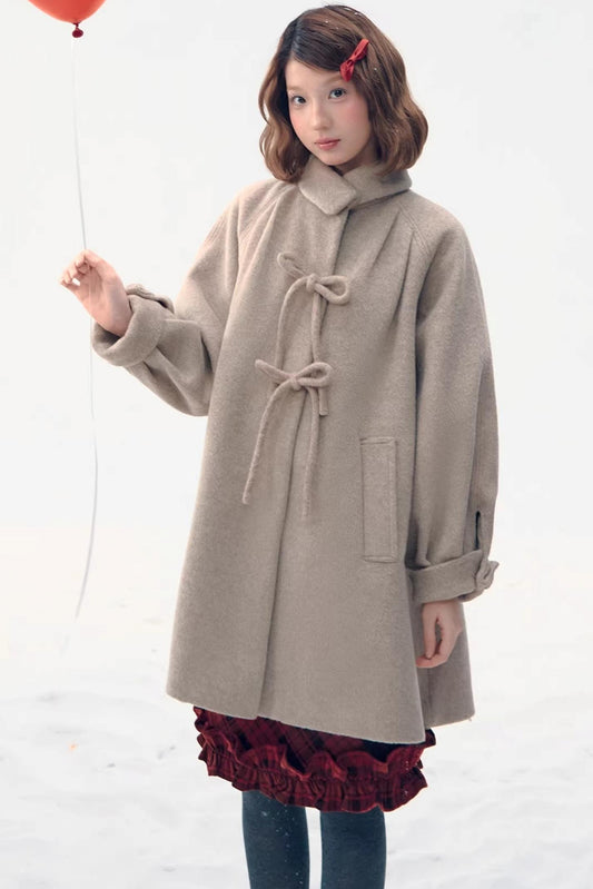 Retro Oatmeal Woolen Bow Coat