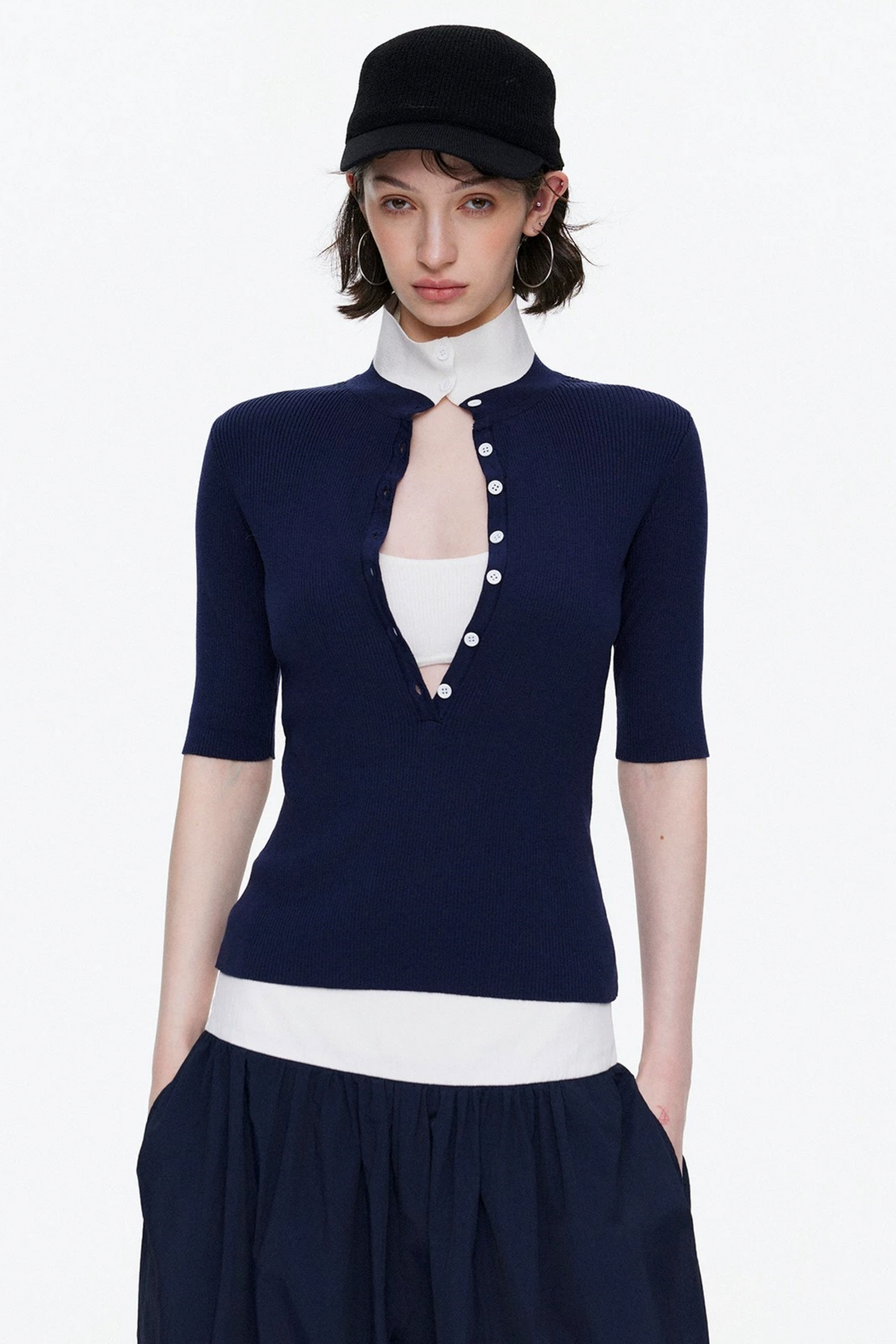 Lyocell Color-Blocked Fake Two-Piece Knit Top