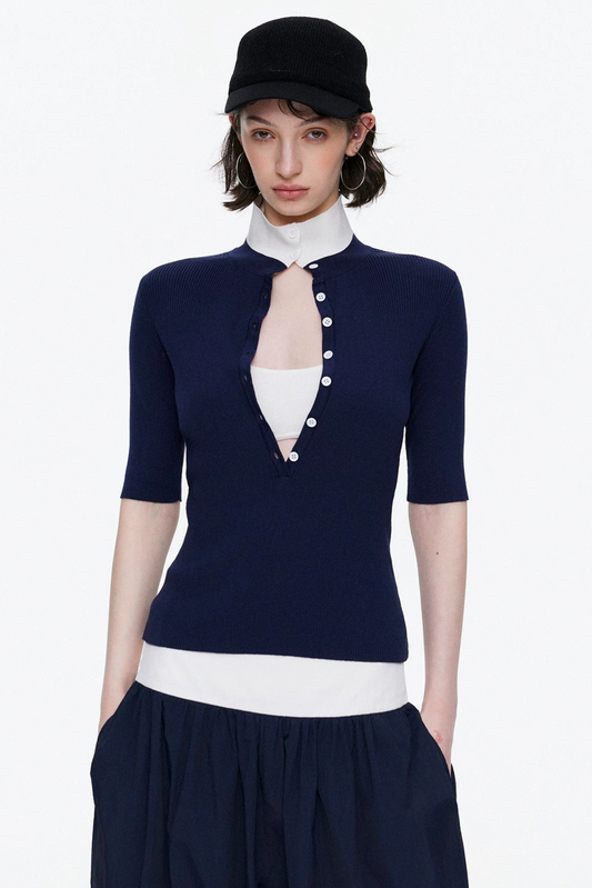 Lyocell Color-Blocked Fake Two-Piece Knit Top