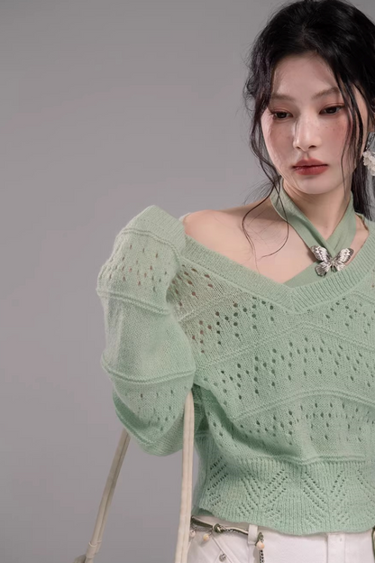Frühlingsgrünes Strickwesten-Zweiteiliges Set