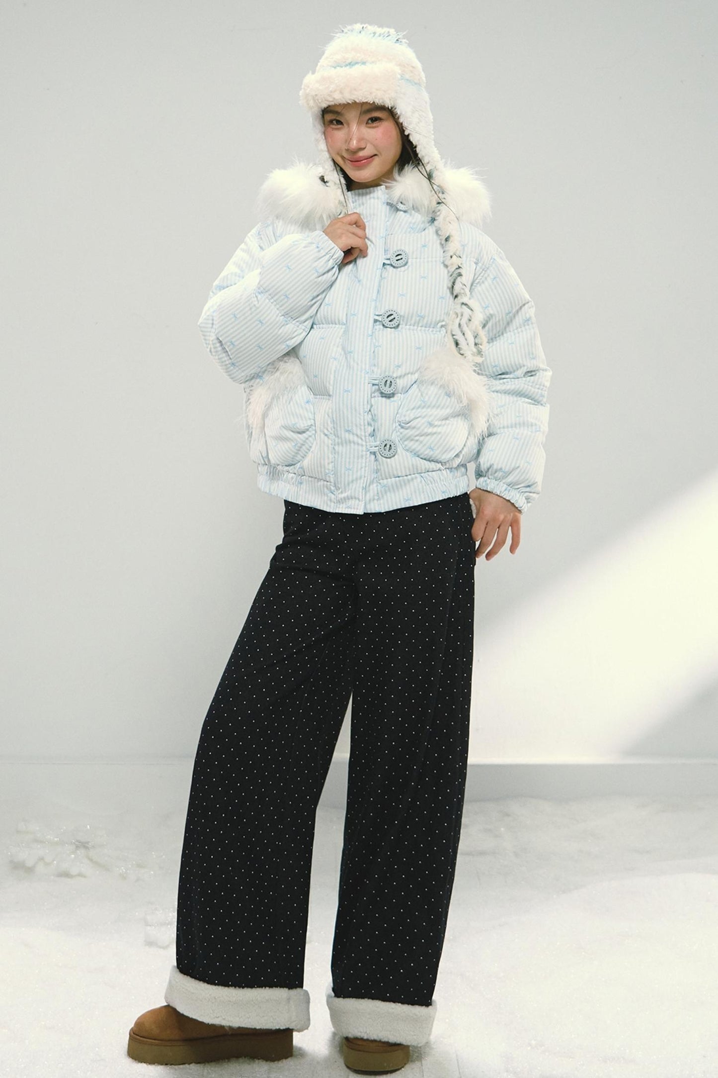 Blue Polka Dot Wide-Leg Jeans Pants