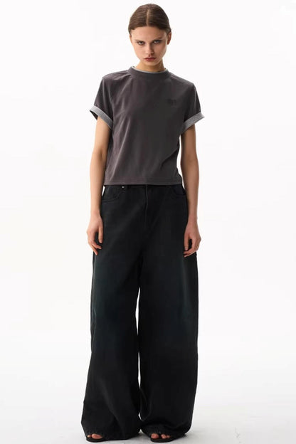 Washed Blue Wide-Leg Denim Pants