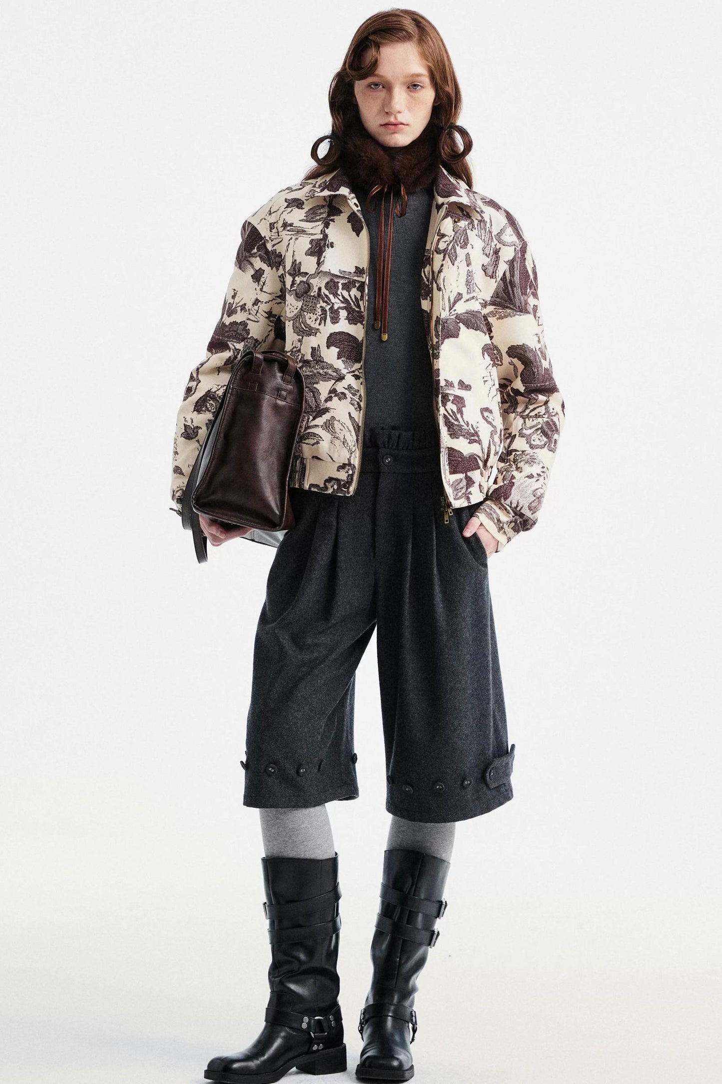 Gray Woolen Lace-Trim Pants