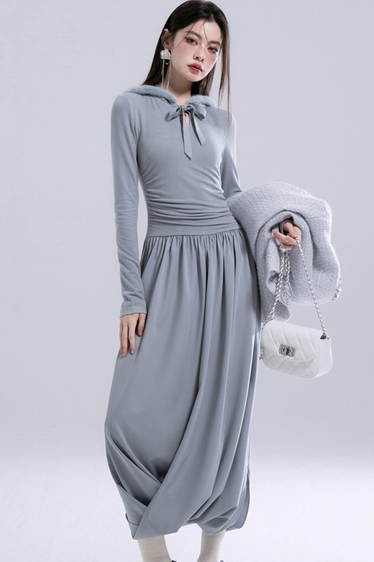 Hooded Gray Knit Dress