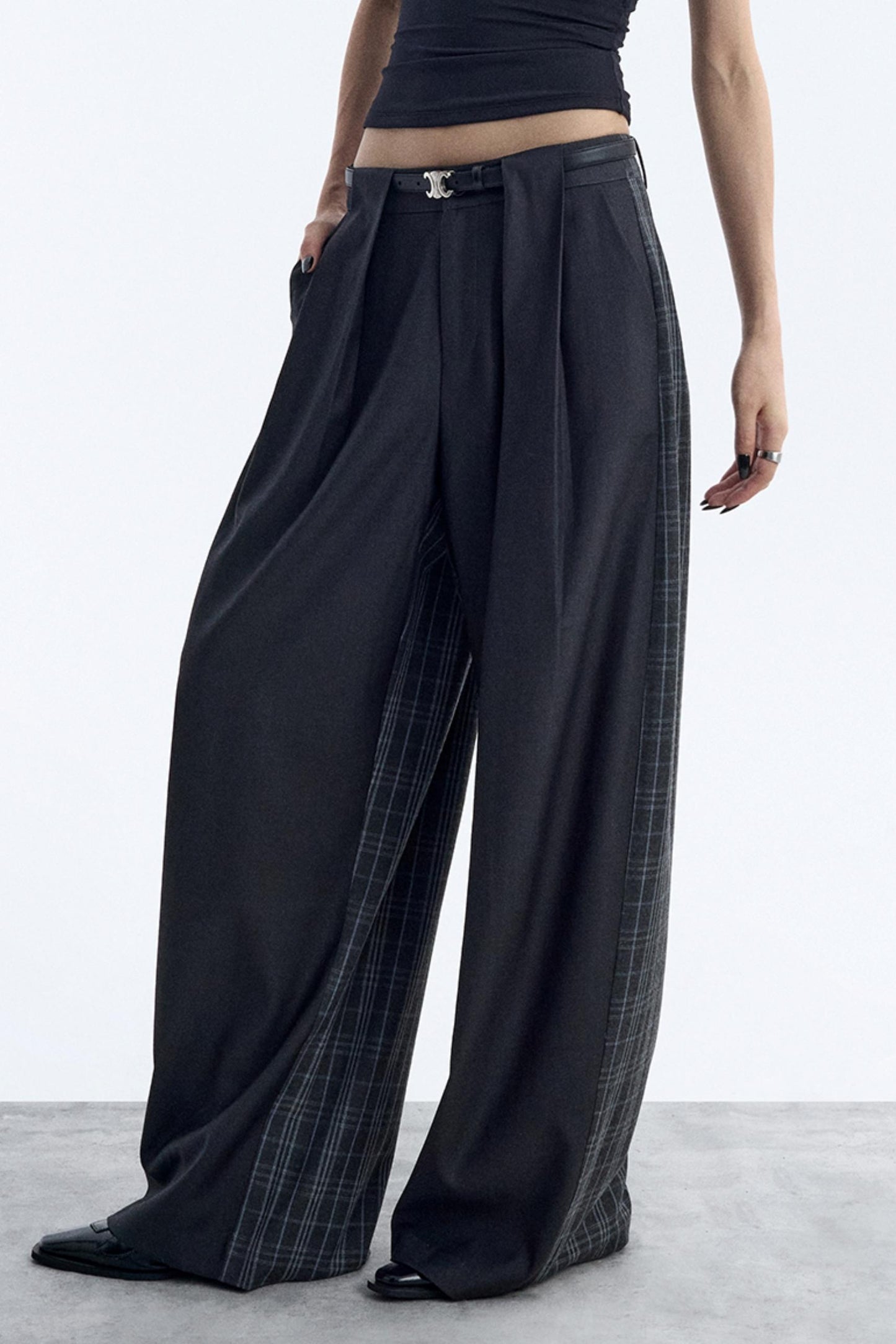 Irregular Plaid Wide-Leg Pants