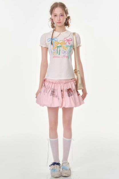 White Floral Bow Puff Sleeve T-Shirt