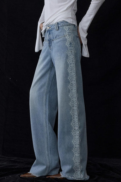 Lace Raw Hem Straight Jeans