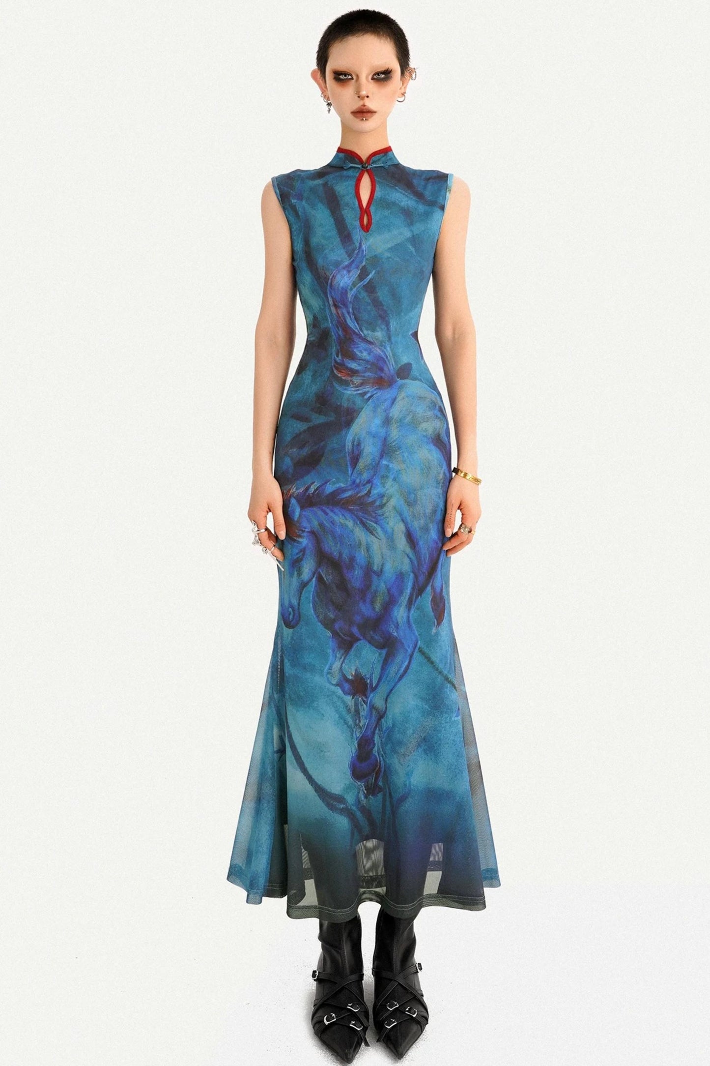Robe queue de poisson réversible à motif peinture à l’huile