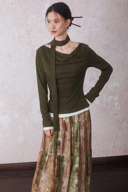 Tencel Lyocell Olive Green Swing Collar T-Shirt