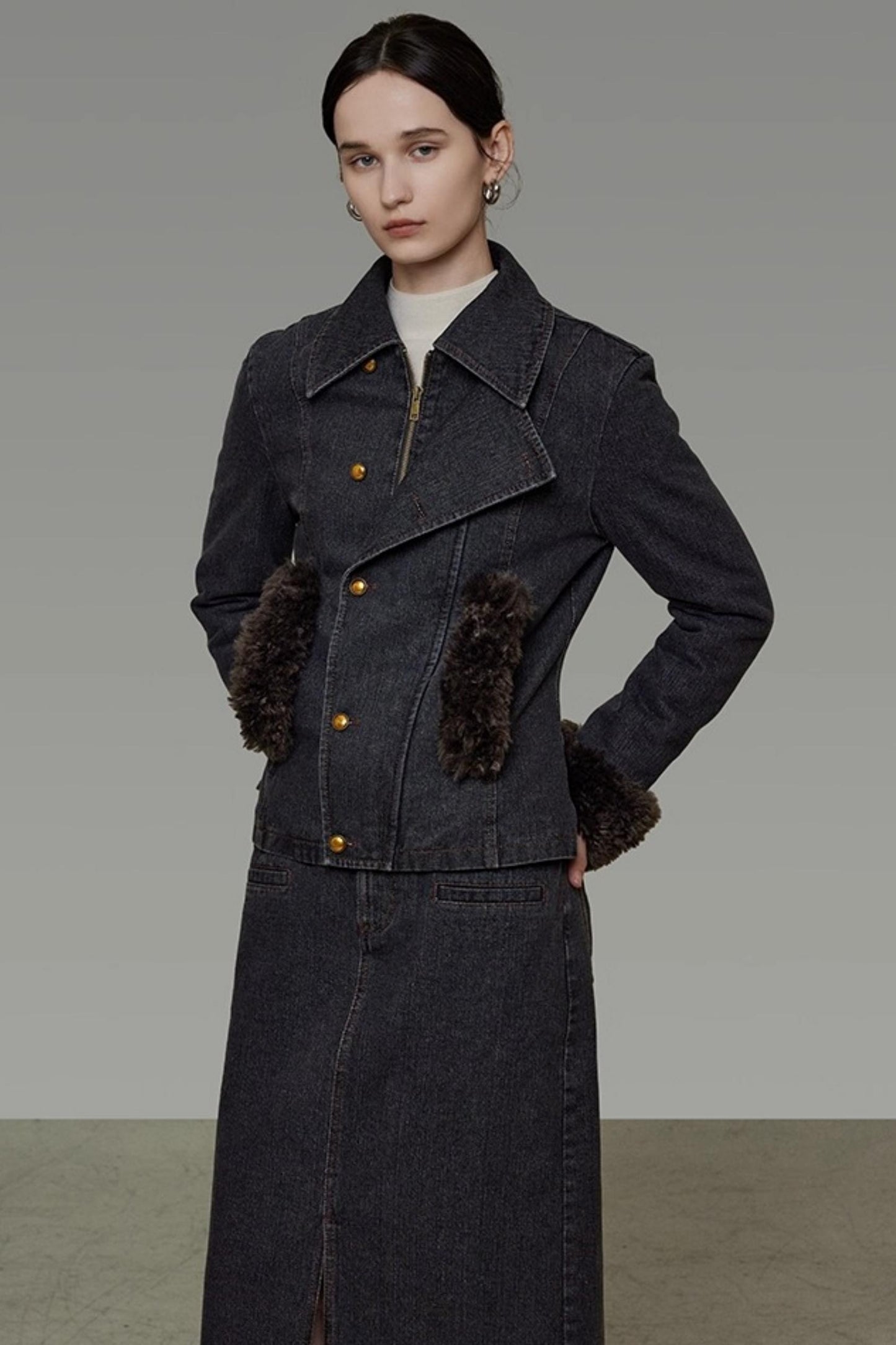 Patchwork Fur Collar Denim Jacket Set-Up