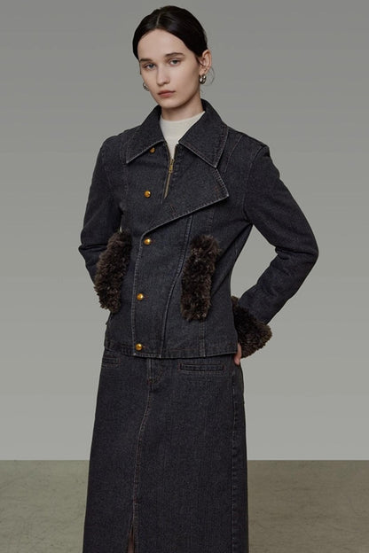 Patchwork Fur Collar Denim Jacket Set-Up