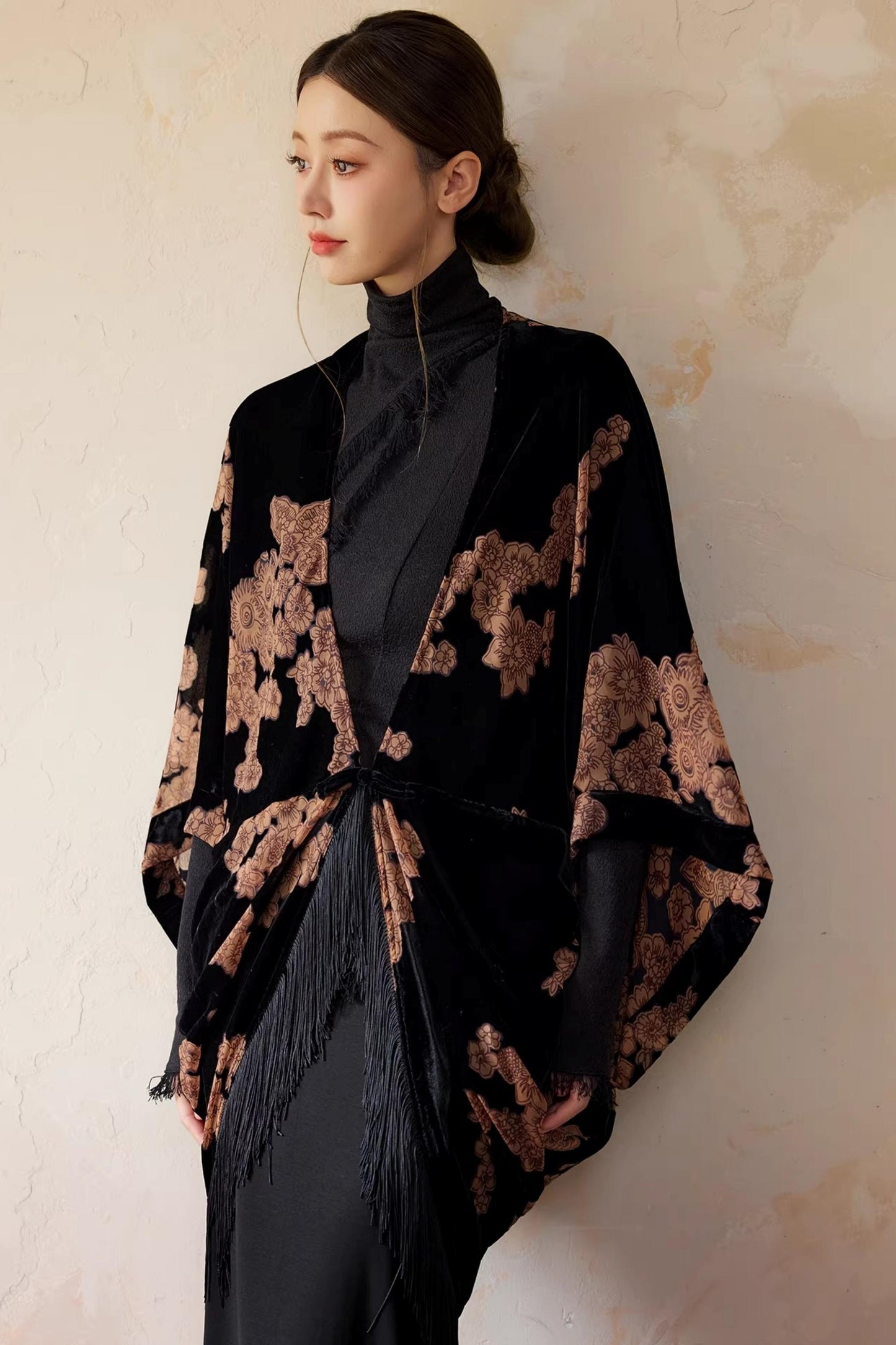 Embroidered Batwing Shawl Jacket