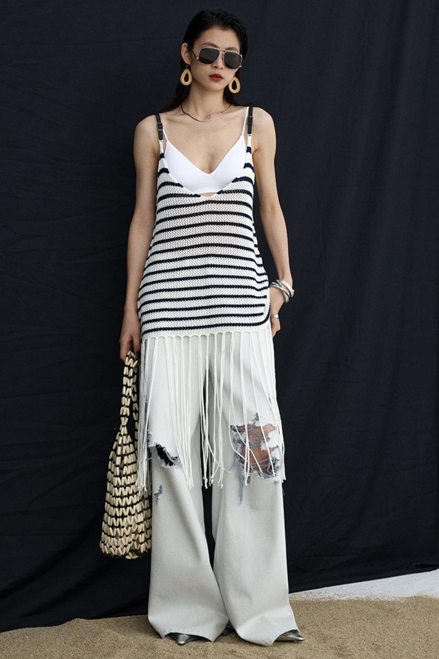 Summer Jacquard V-Neck Leather Hem Vest