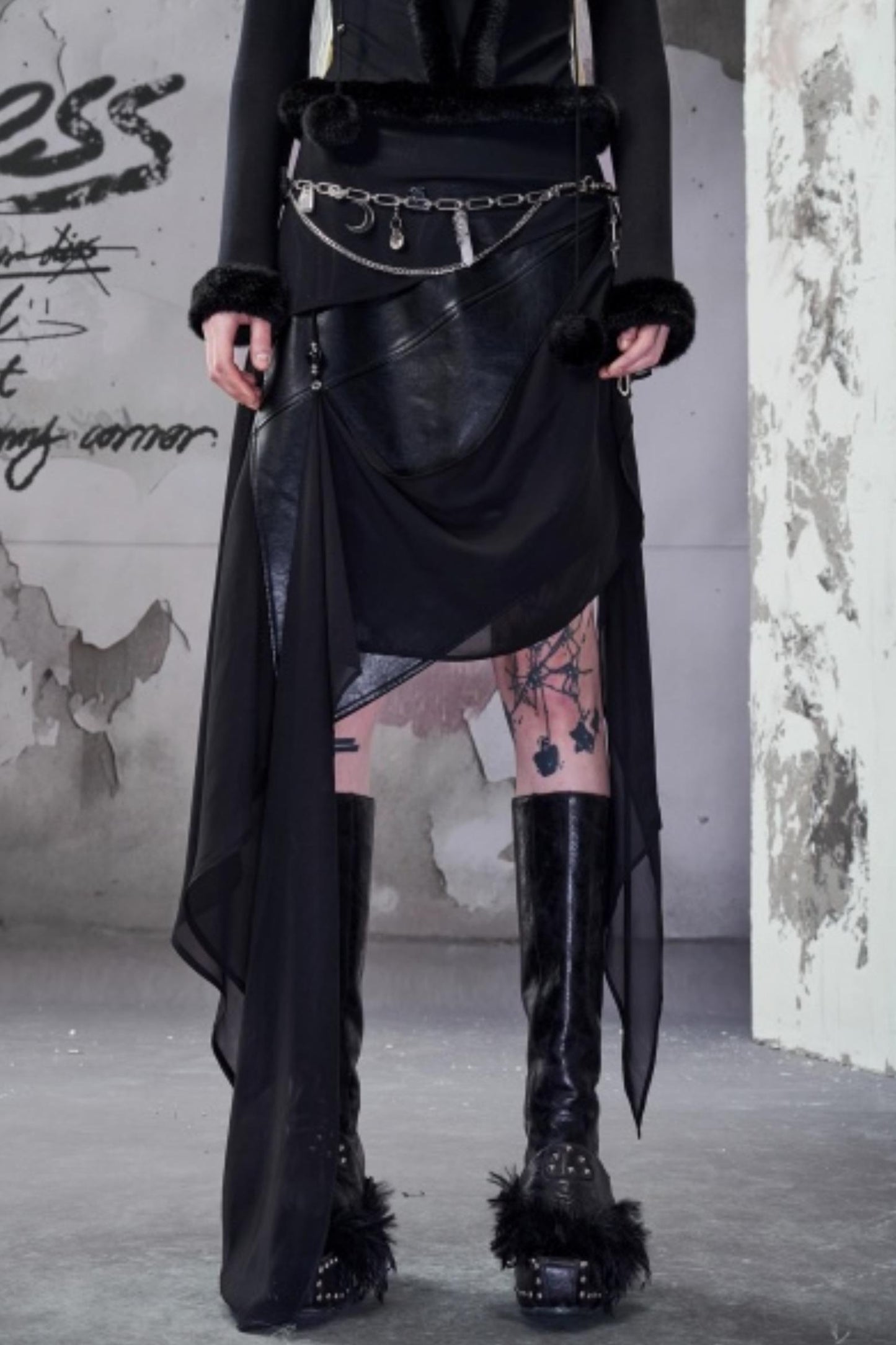 Chiffon Panel Ruffled Irregular Leather Skirt