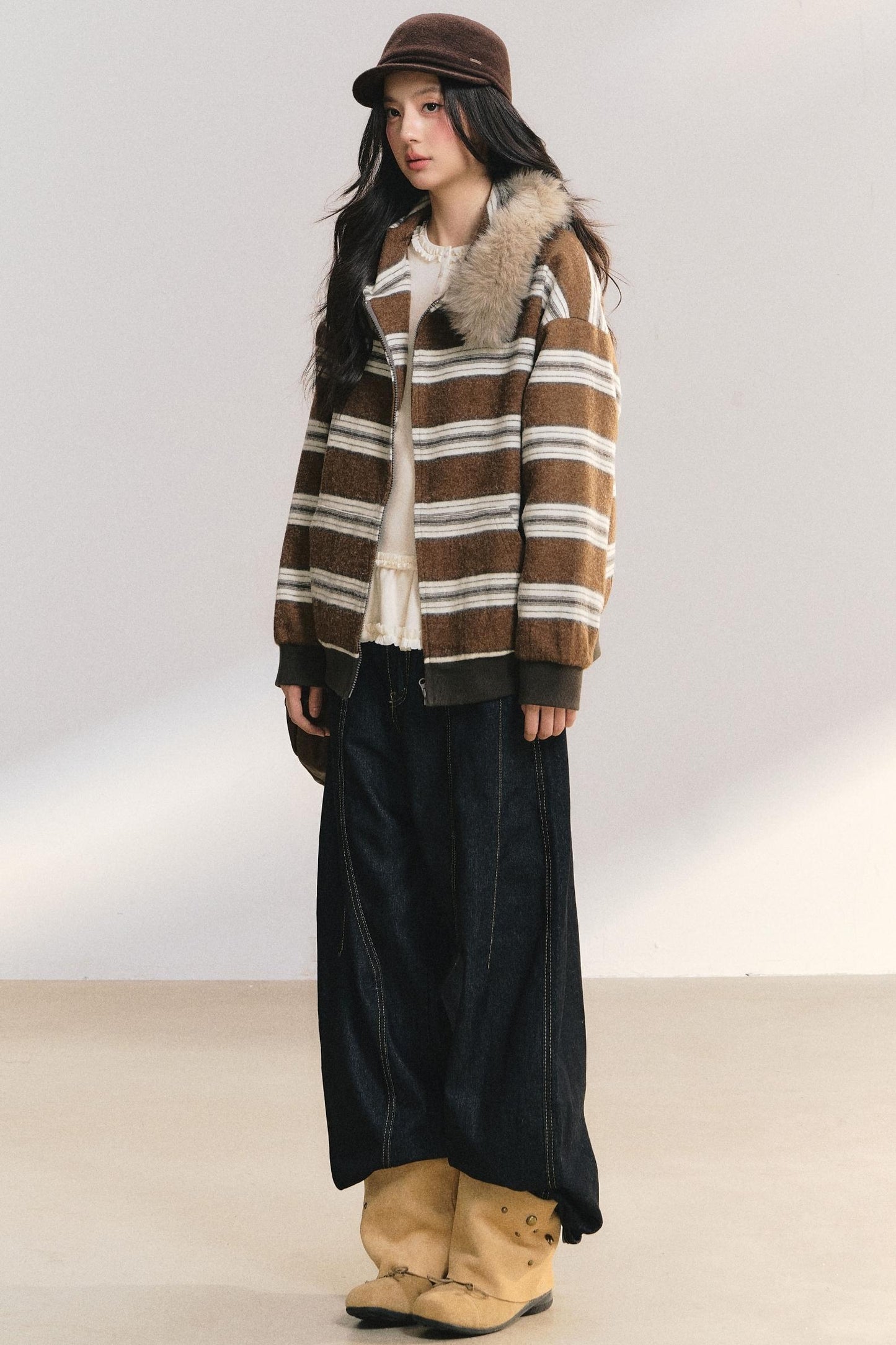 Detachable Fur Collar Striped Jacket