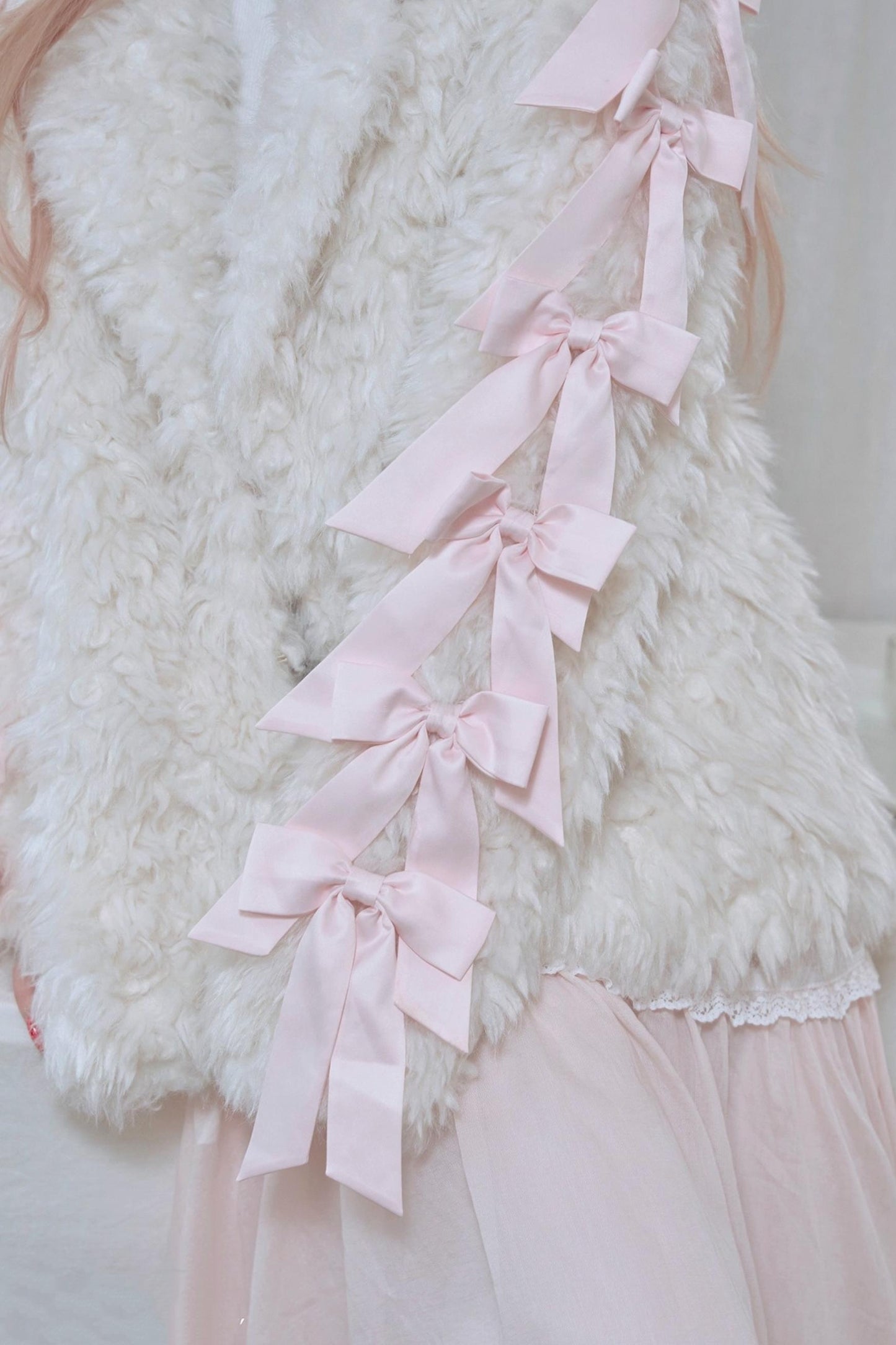 White Satin Bow Lamb Fur Coat