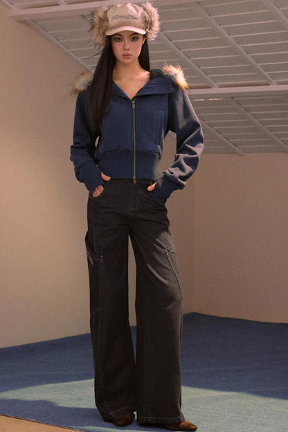 Wide-Leg Diagonal Pocket Jeans