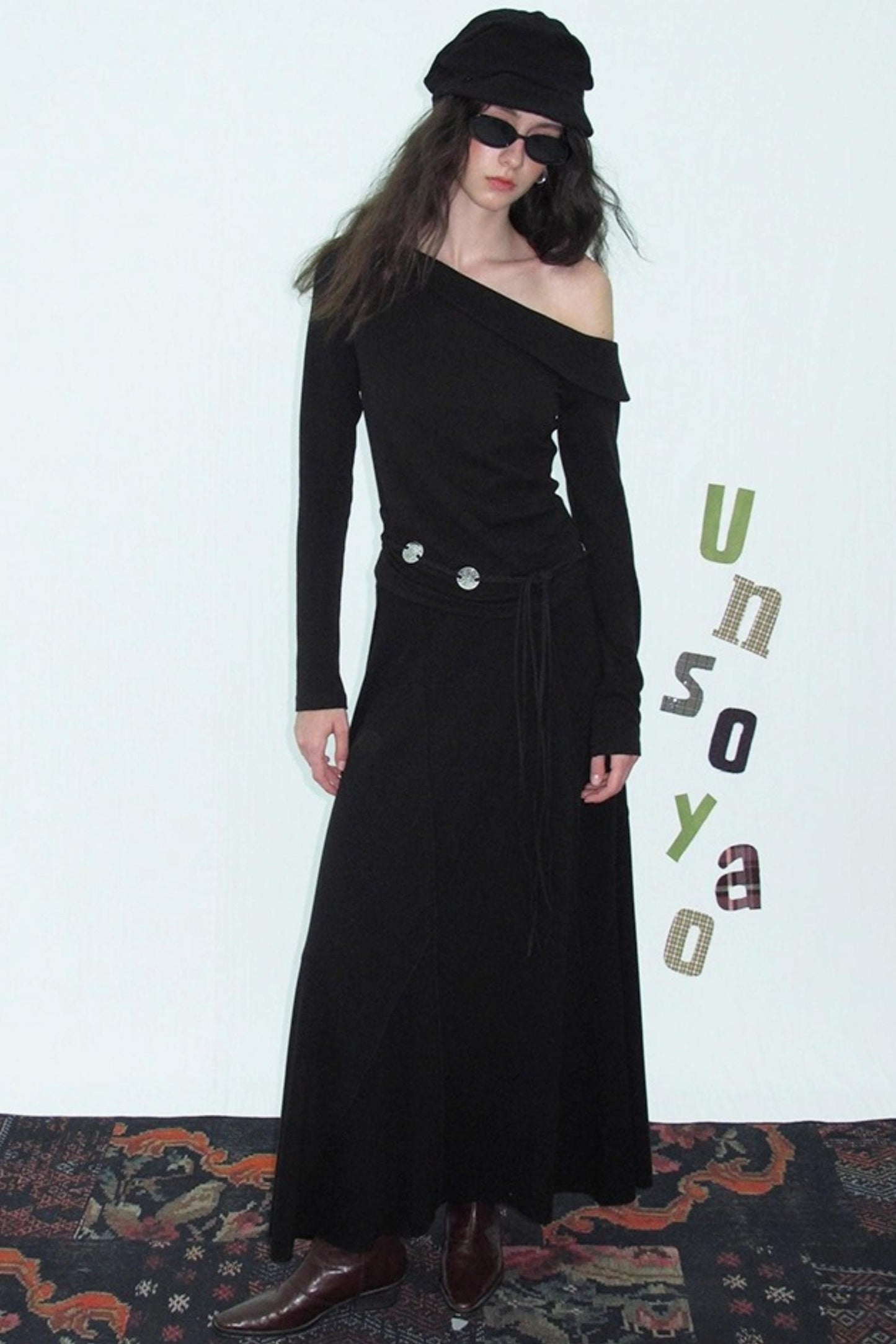 Slanted Shoulder Knit Top Skirt Set-Up