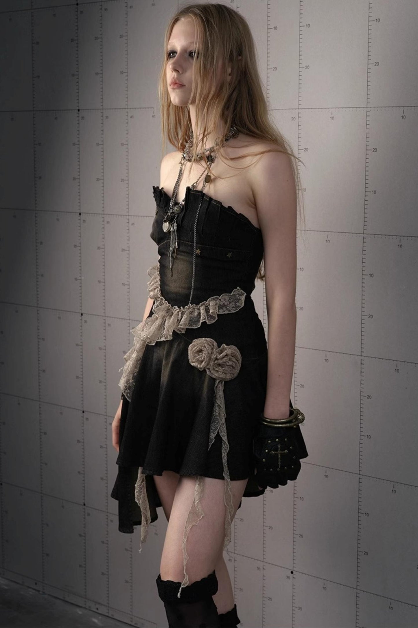 Vintage Black Lace Denim Dress