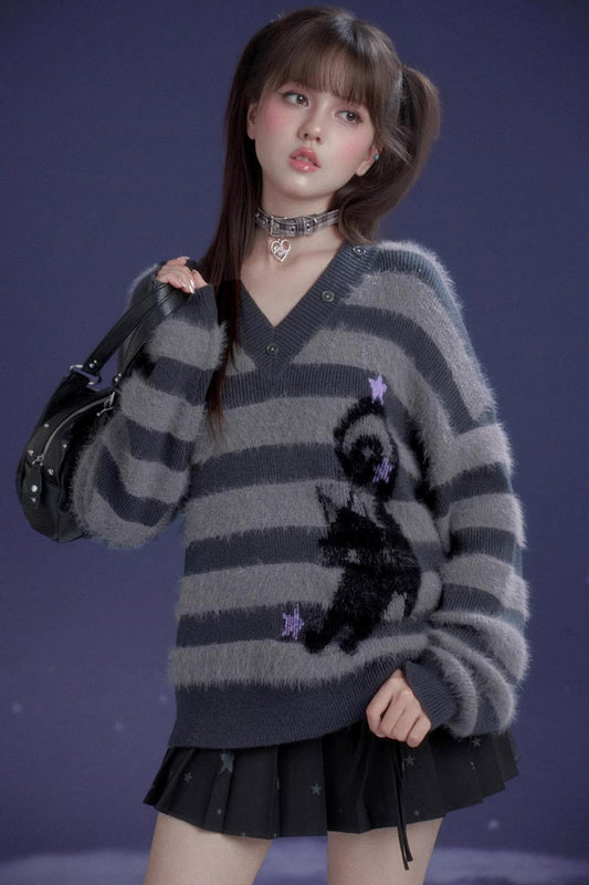 Striped Mink V-Neck Sweater
