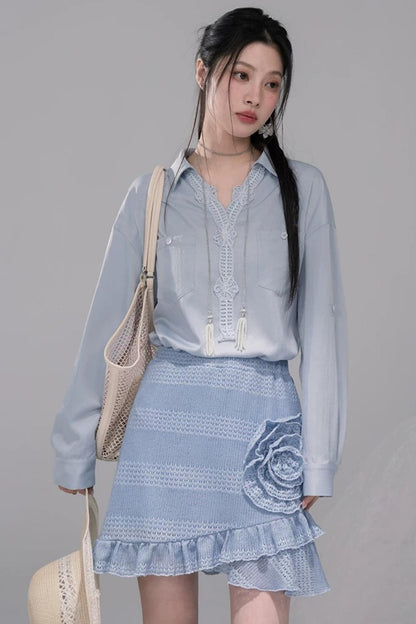 Mist Blue Lace Collar Shirt