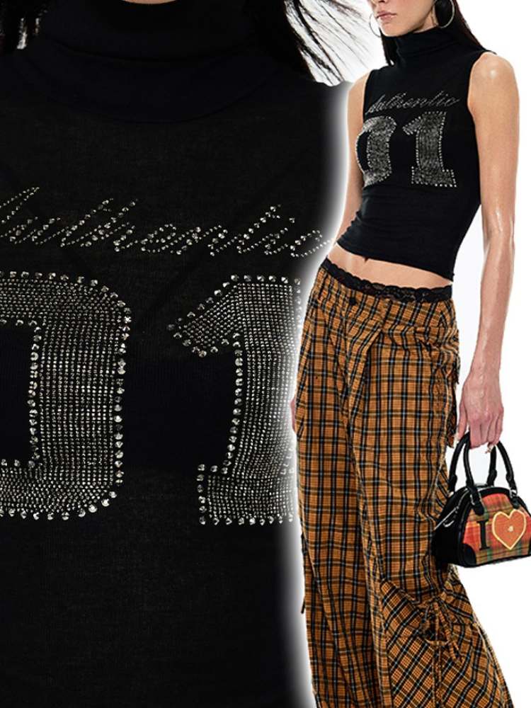 Rhinestone Numbers High Neck Mesh Vest