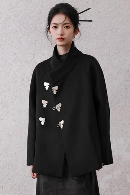 Black Woolen Butterfly Buckle Coat