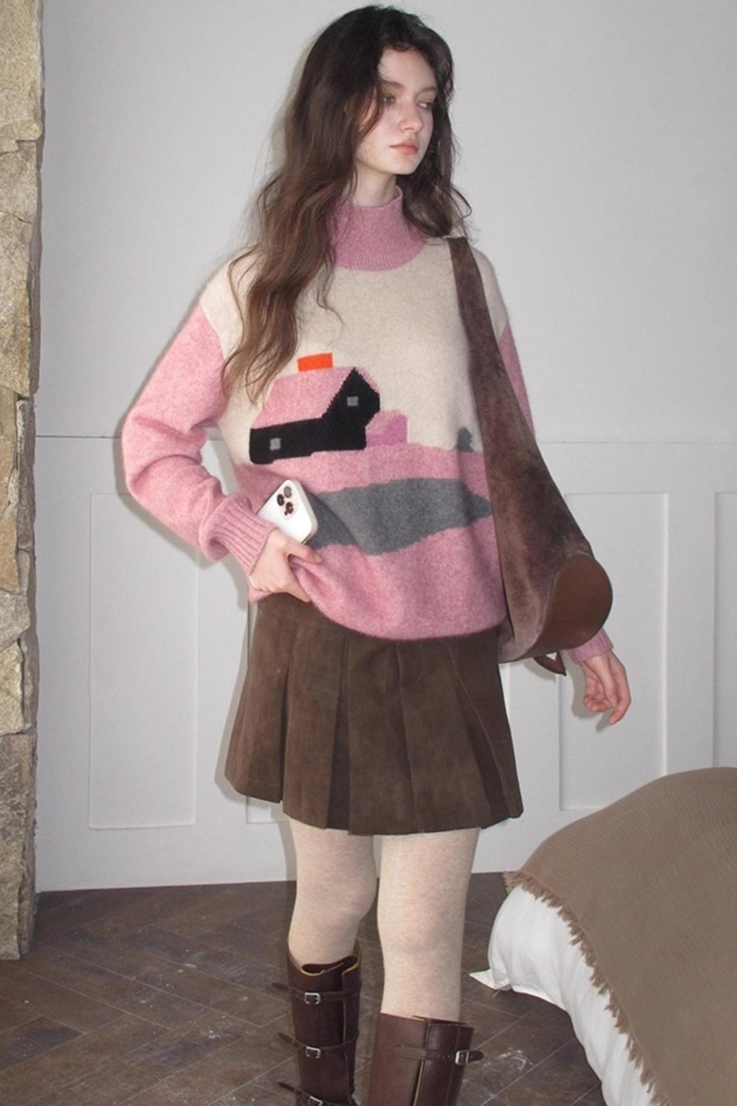 Vintage Distressed Leather Pleated Skirt