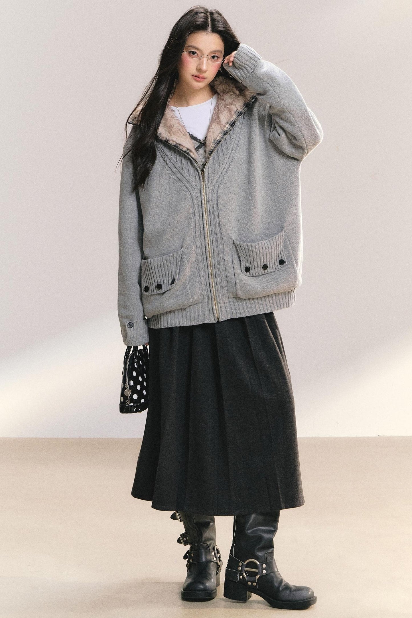 Plaid Patchwork Knit Cardigan