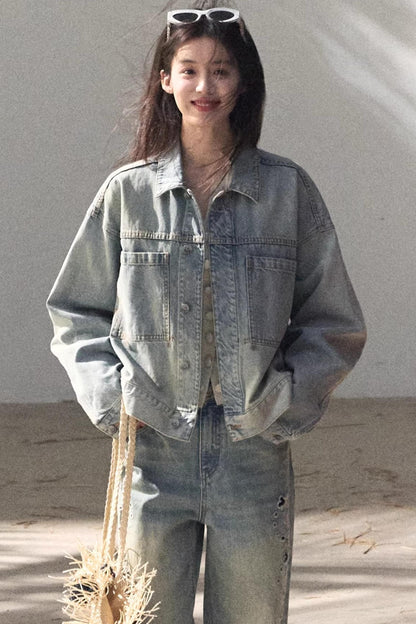 Hazy Sea Retro Denim Jacket