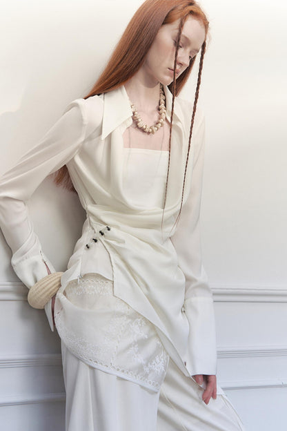White Pleated Satin Blouse