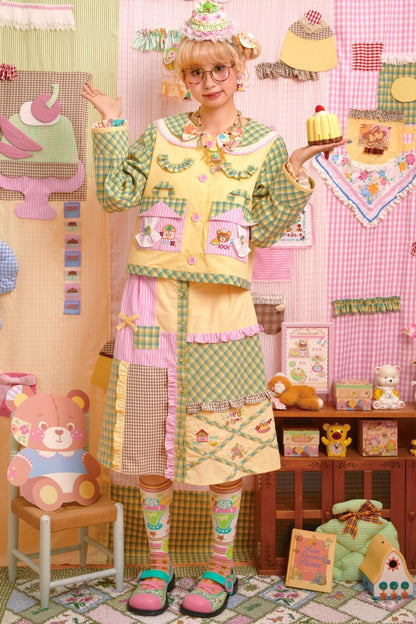 Patchwork Plaid Embroidered Top & Skirt Set-Up