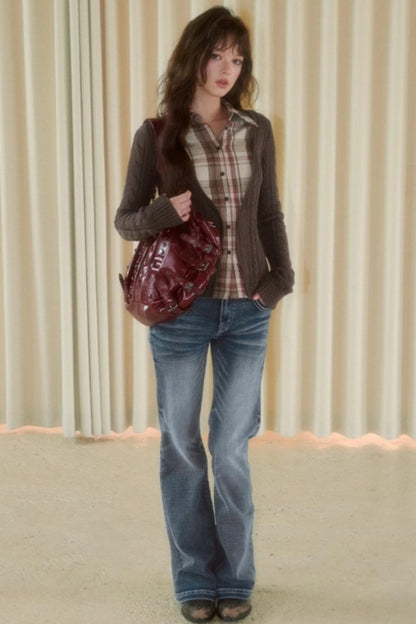 Plaid Splicing Fake Two-Piece Knit Sweater