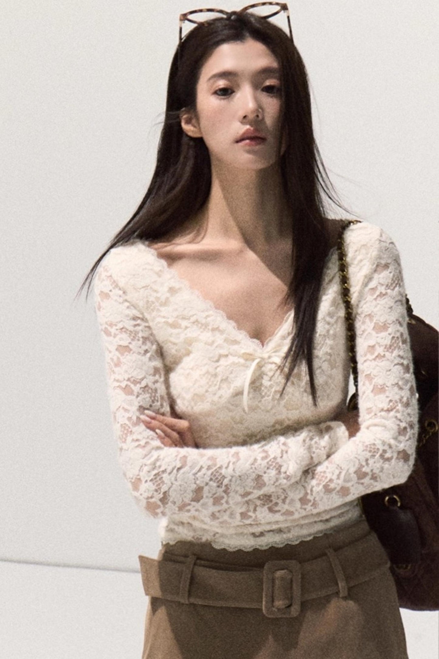 V-Neck Lace Knit Sweater