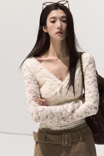 V-Neck Lace Knit Sweater