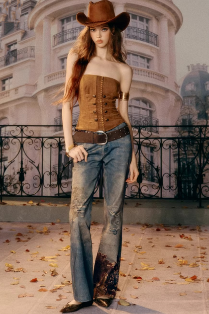 Vintage Pattern Flared Denim Pants