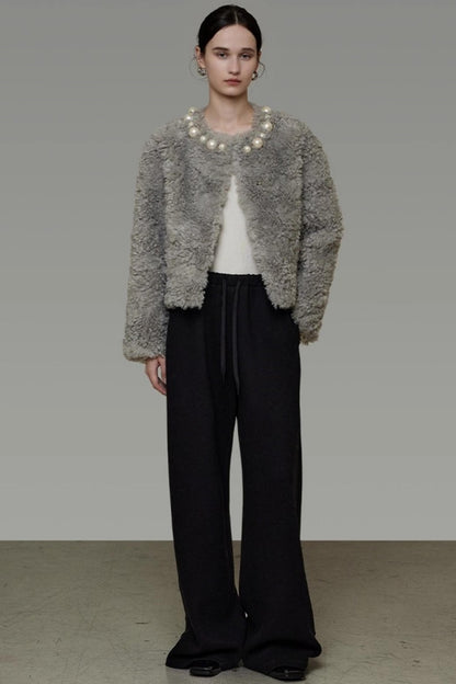 Pearl Collar Faux Fur Jacket