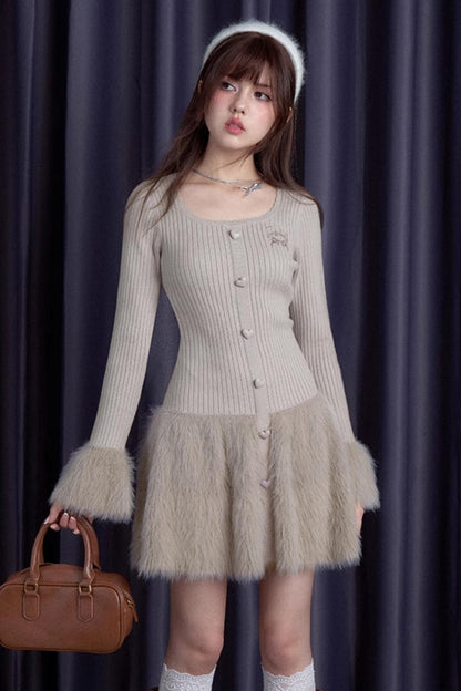 Sweet Knitted Fur Skirt Dress