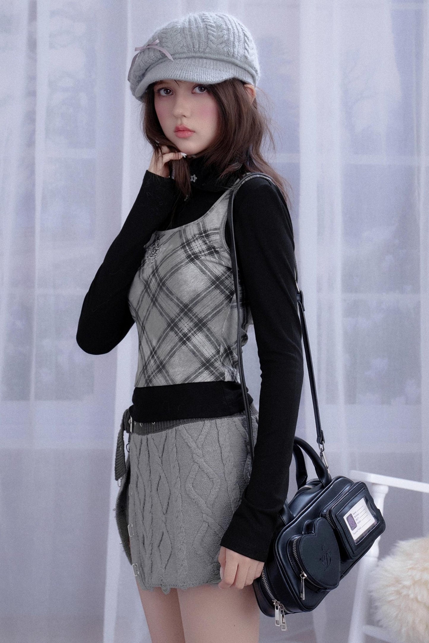 Gray Rhombus Knitted Skirt & Shorts Set