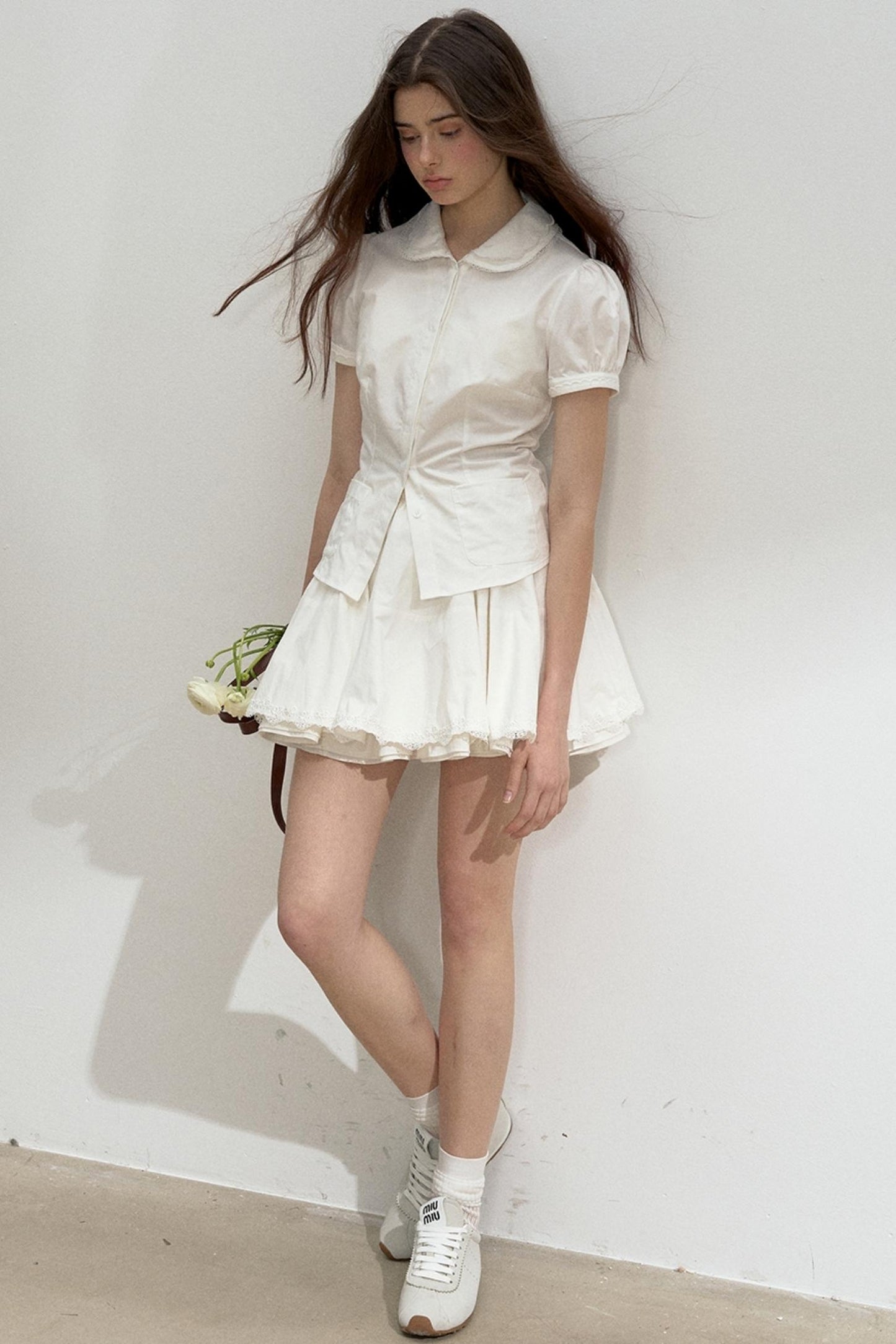 Lace-Collared Cotton Blouse Set-Up